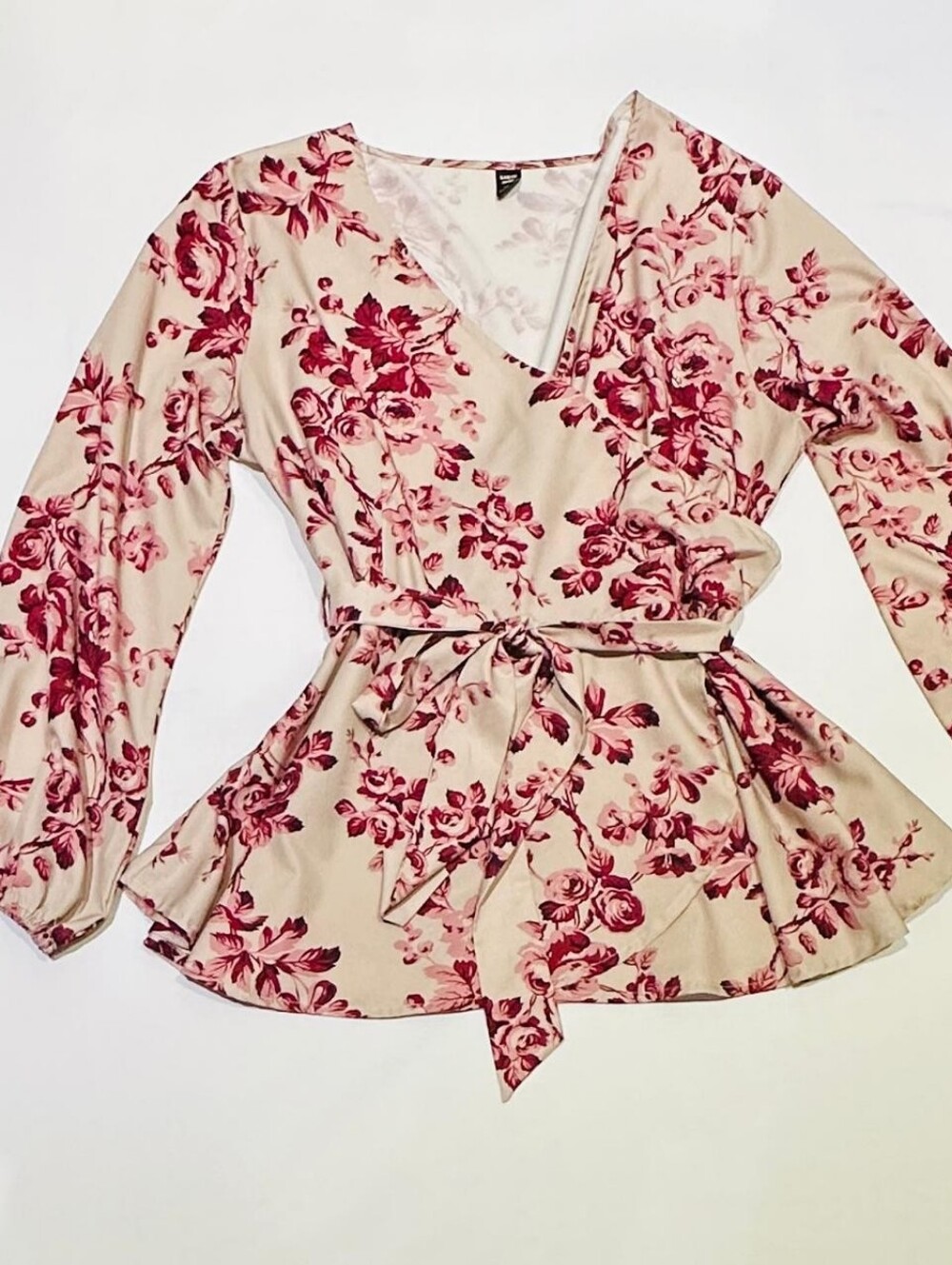 SHEIN Cream & Pink Floral Wrap Peplum Blouse